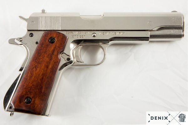 Edullinen pistooli netistä Colt 1911, niklattu kokometallinen replika-ase.