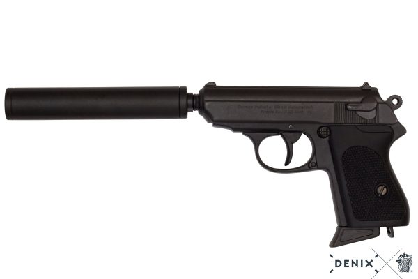 Replika-ase Walther PPK pistooli äänenvaimentimella.