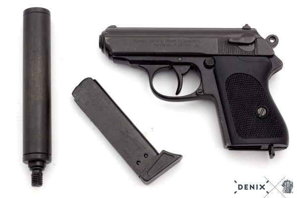 Denix replika-ase Walther PPK pistooli äänenvaimentimella.