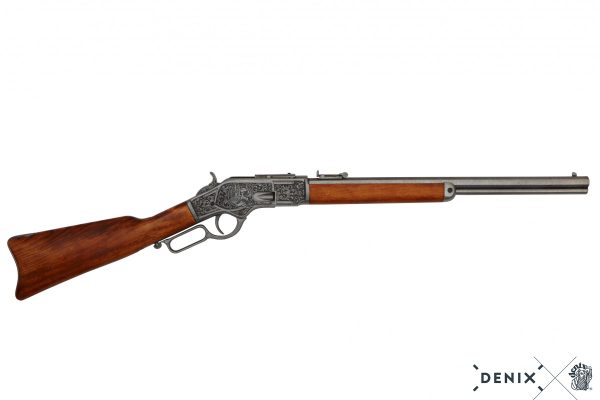 Replika-ase Winchester 1873 Villin lännen vipulukkokivääri kaiverrettu.